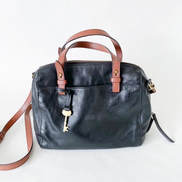 Fossil Handbags - Fossil 100% Leather Black and Cognac Rachel Satchel Purse